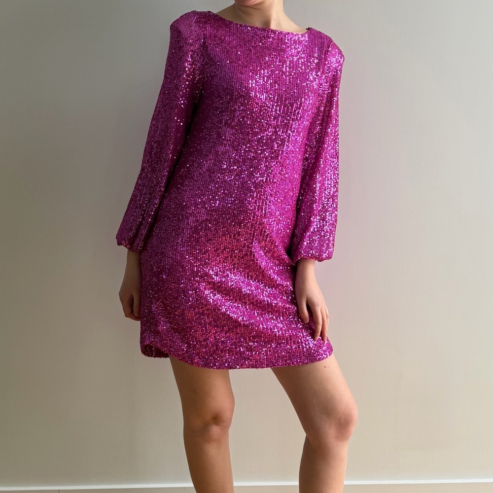 NWT BETSEY JOHNSON DOLOREAN MINI Pink Sequin Dress - S - Picture 4 of 15